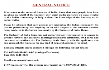 General Notice- Beware of people speaking on behalf of the Embassy of India without its Authorization